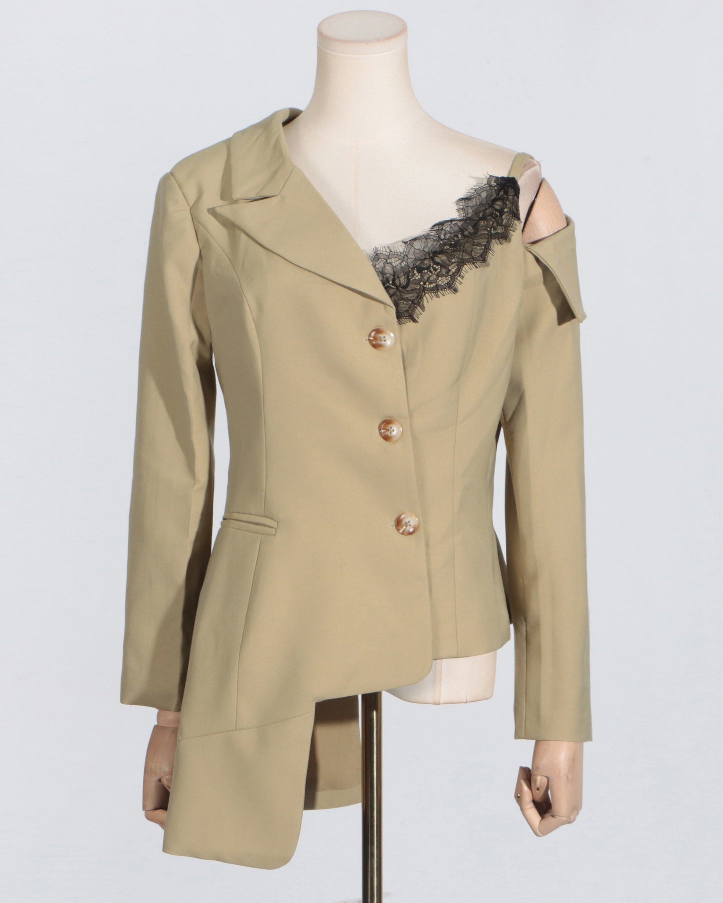 Khaki Lace Cutout Asymmetric Blazer