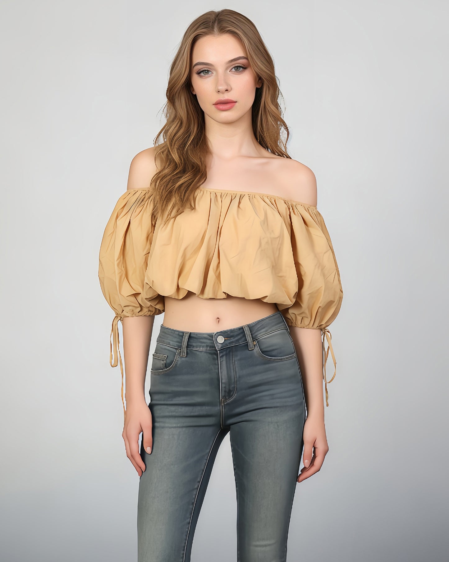 Khaki Off-Shoulder Drawstring Puff Sleeve Crop Top
