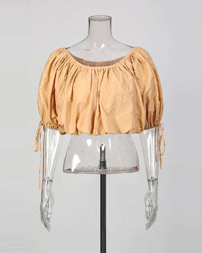 Khaki Off-Shoulder Drawstring Puff Sleeve Crop Top