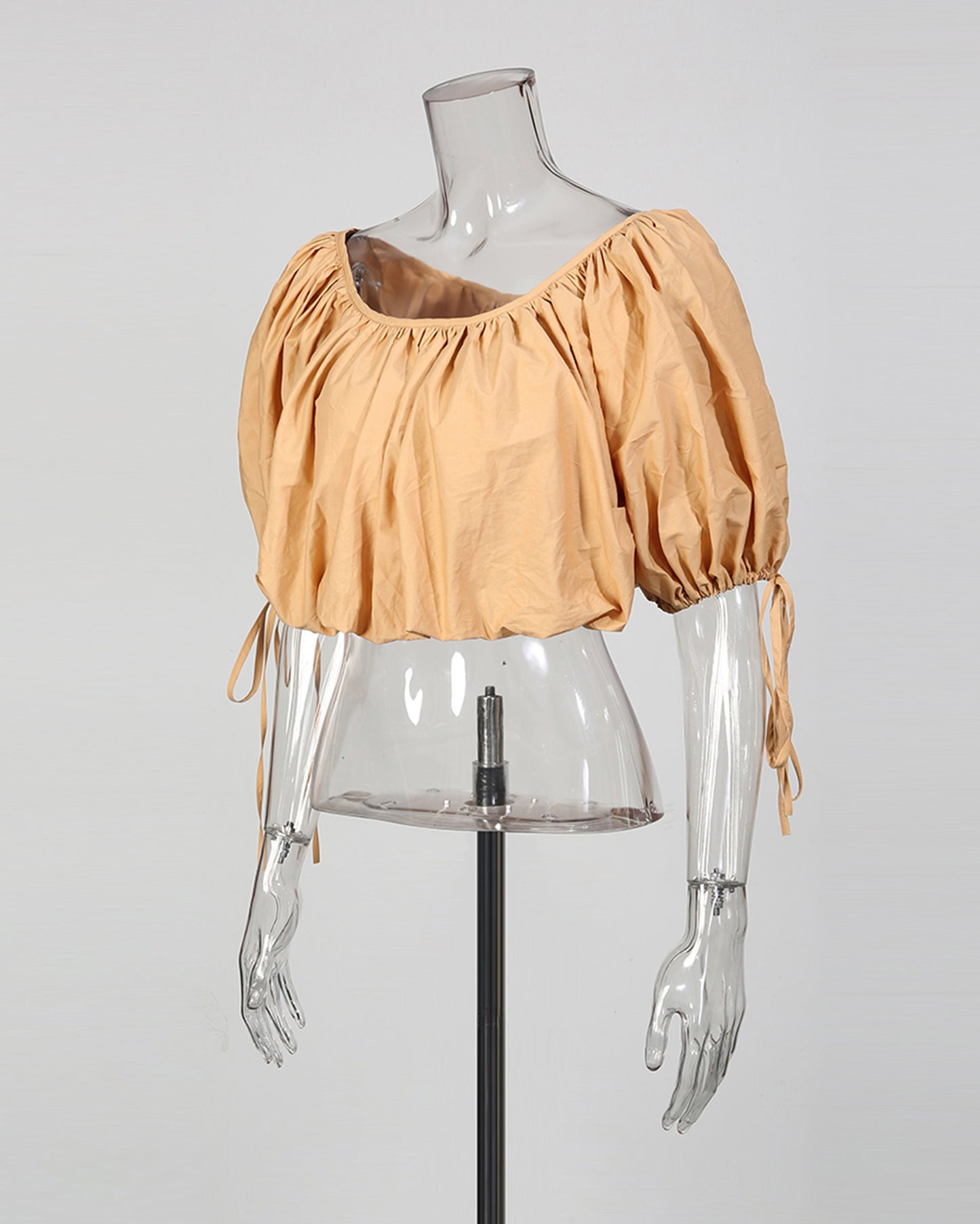 Khaki Off-Shoulder Drawstring Puff Sleeve Crop Top