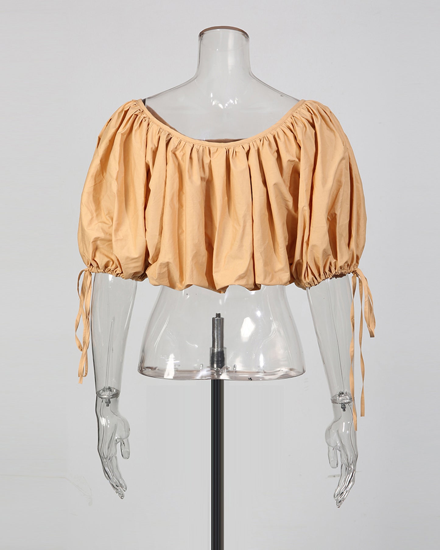 Khaki Off-Shoulder Drawstring Puff Sleeve Crop Top