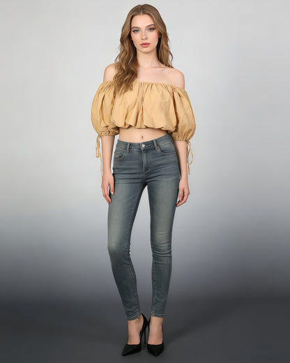 Khaki Off-Shoulder Drawstring Puff Sleeve Crop Top