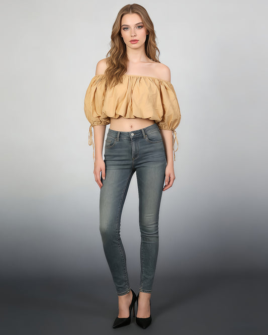 Khaki Off-Shoulder Drawstring Puff Sleeve Crop Top