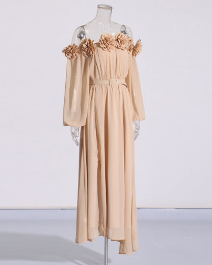 Khaki Off-Shoulder Floral Maxi Dress