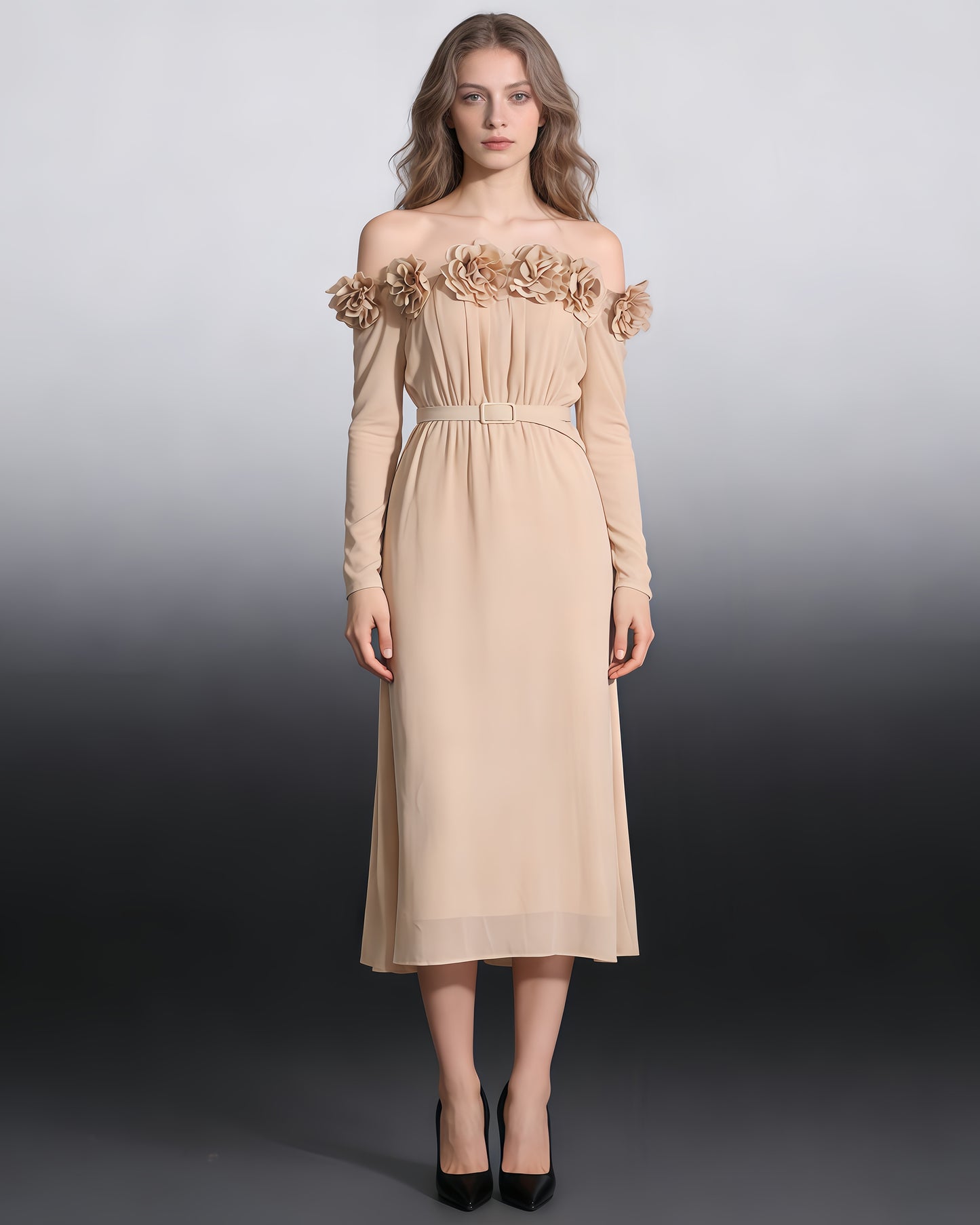 Khaki Off-Shoulder Floral Maxi Dress