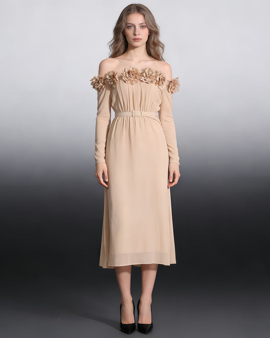 Khaki Off-Shoulder Floral Maxi Dress