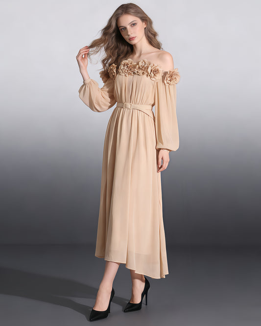 Khaki Off-Shoulder Floral Maxi Dress