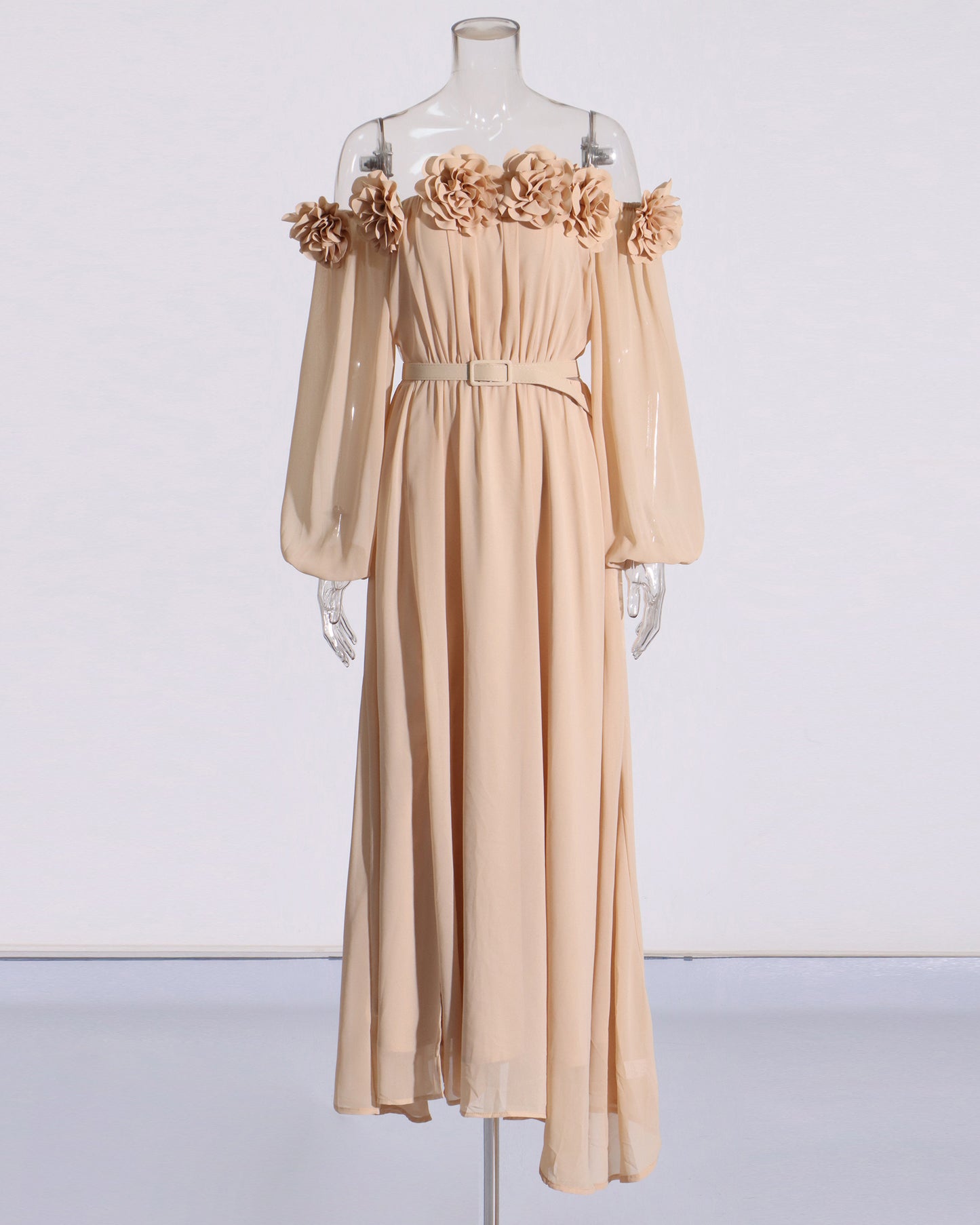 Khaki Off-Shoulder Floral Maxi Dress