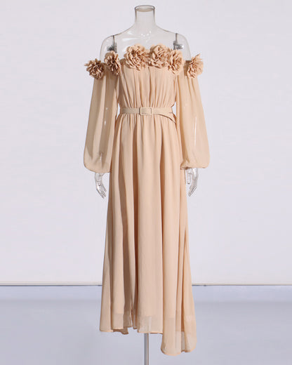 Khaki Off-Shoulder Floral Maxi Dress