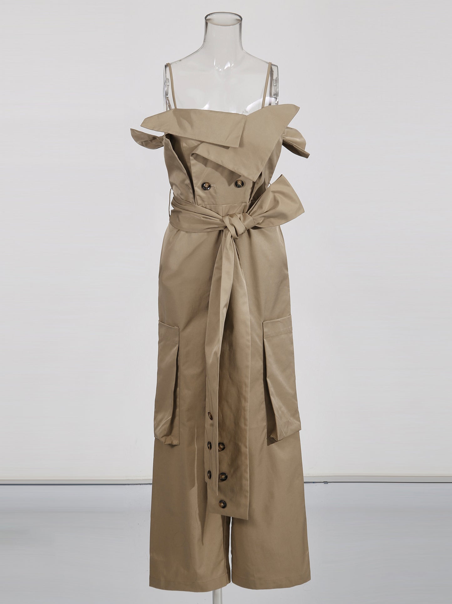 Khaki Off-Shoulder Jumpsuit with Belted Waist