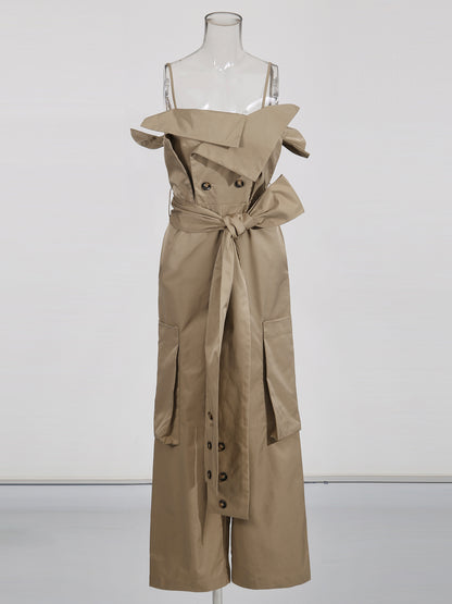 Khaki Off-Shoulder Jumpsuit with Belted Waist