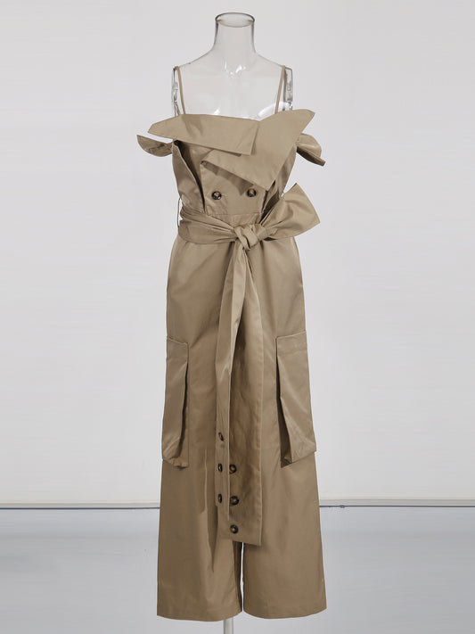 Khaki Off-Shoulder Jumpsuit with Belted Waist