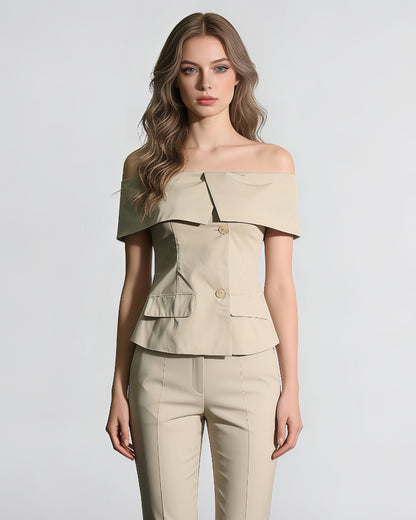 Khaki Off-Shoulder Tailored Crop Top