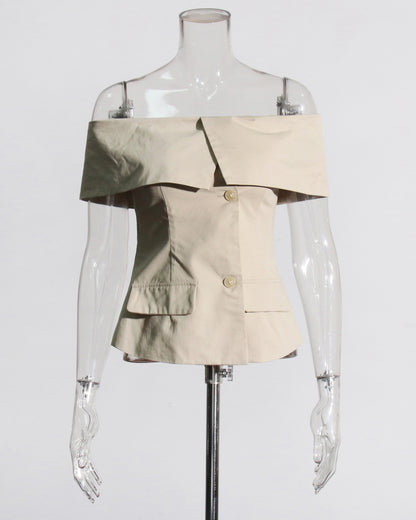 Khaki Off-Shoulder Tailored Crop Top