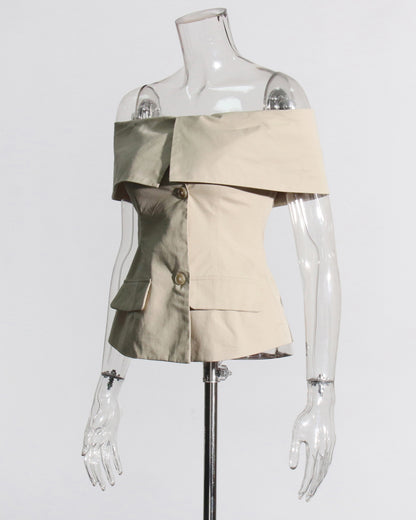 Khaki Off-Shoulder Tailored Crop Top
