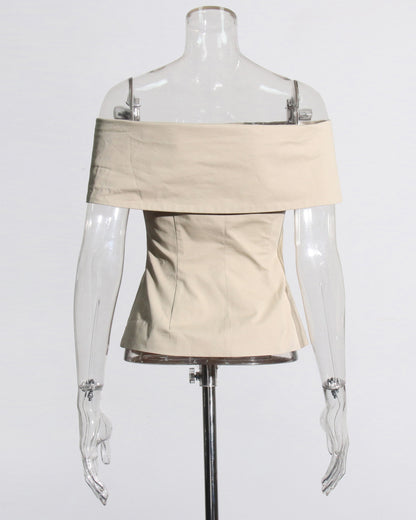 Khaki Off-Shoulder Tailored Crop Top