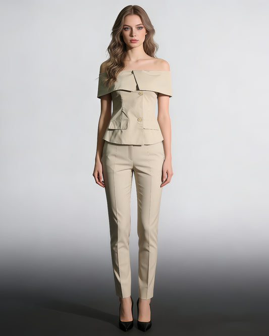 Khaki Off-Shoulder Tailored Crop Top