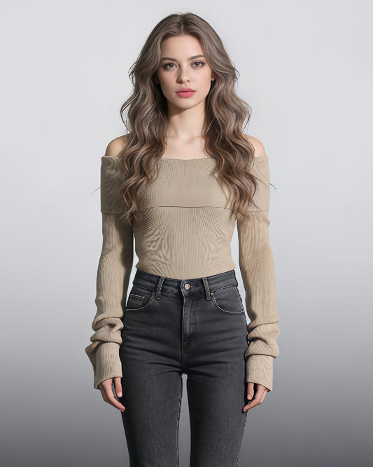 Khaki Off-the-Shoulder Ribbed Knit Top
