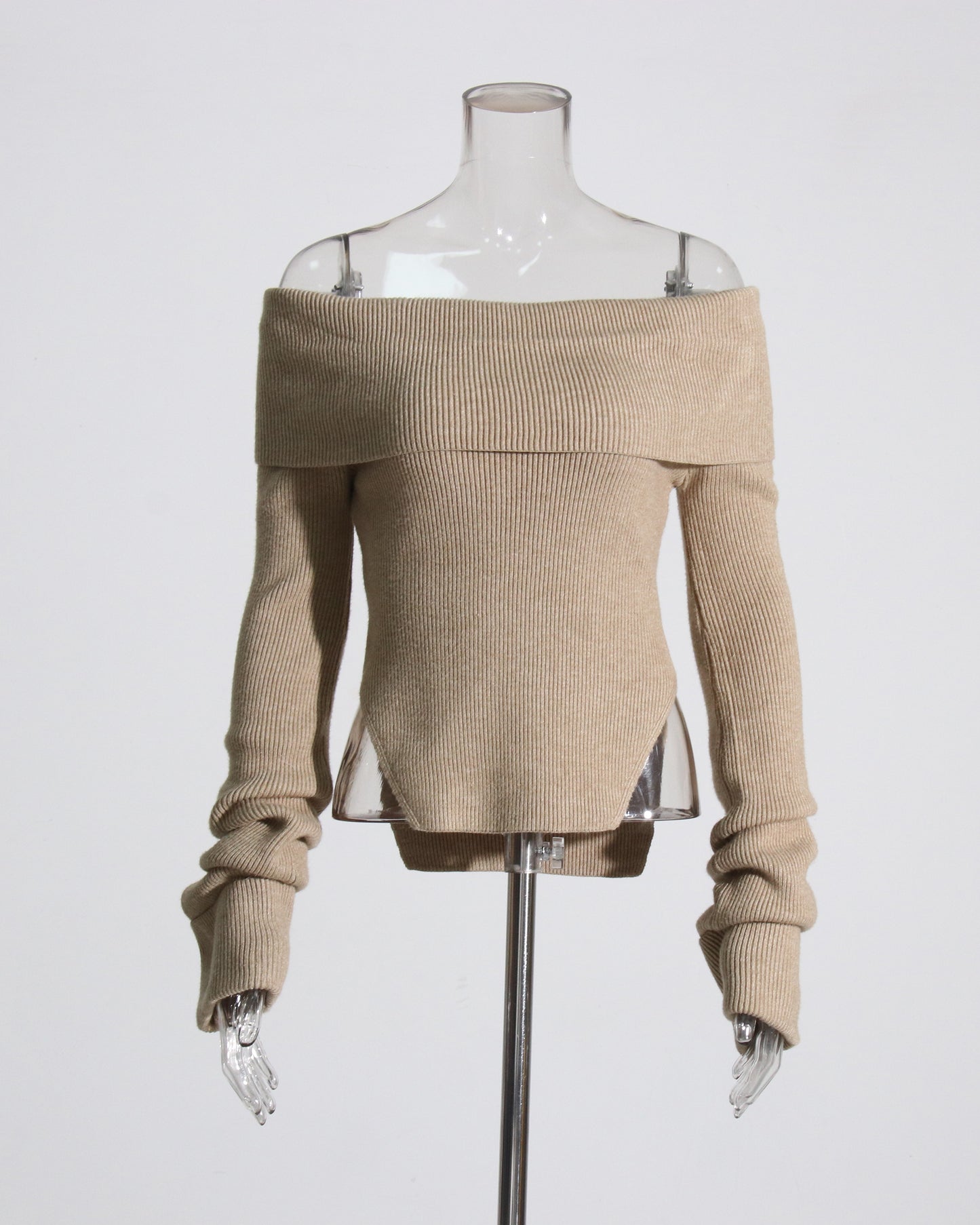 Khaki Off-the-Shoulder Ribbed Knit Top