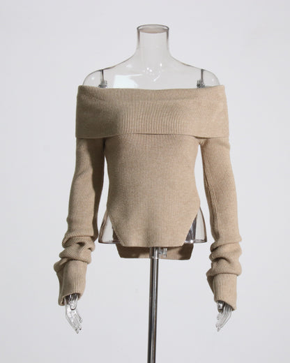 Khaki Off-the-Shoulder Ribbed Knit Top