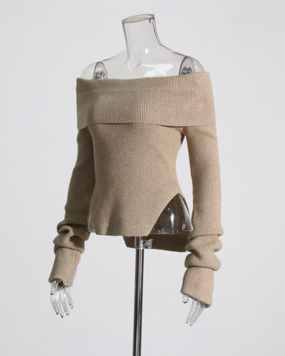 Khaki Off-the-Shoulder Ribbed Knit Top