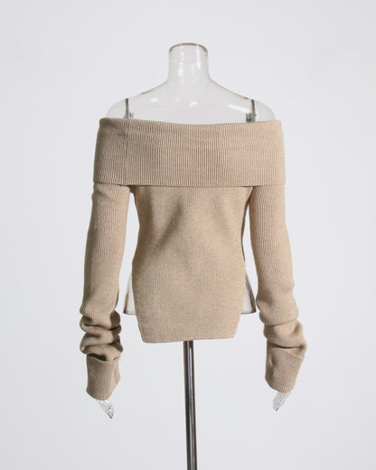 Khaki Off-the-Shoulder Ribbed Knit Top
