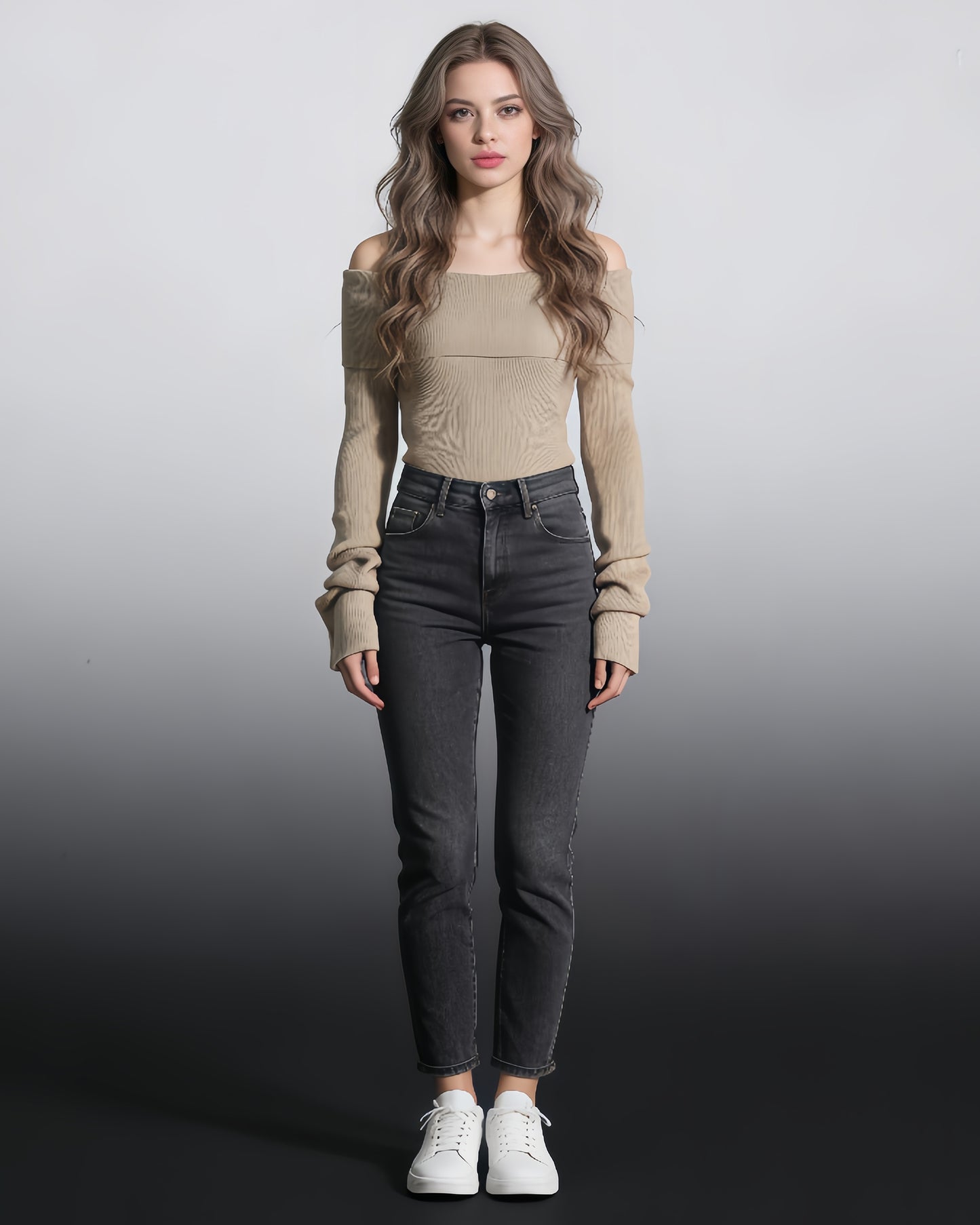 Khaki Off-the-Shoulder Ribbed Knit Top