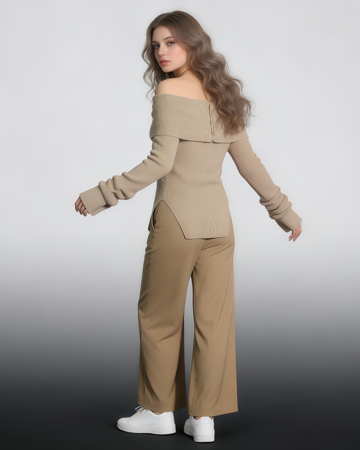 Khaki Off-the-Shoulder Ribbed Knit Top