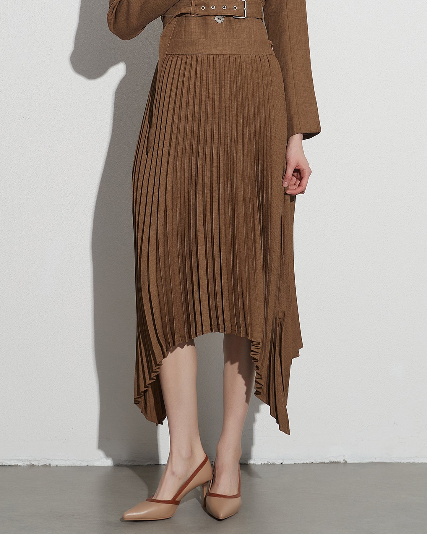 Khaki Pleated Asymmetrical Midi Skirt