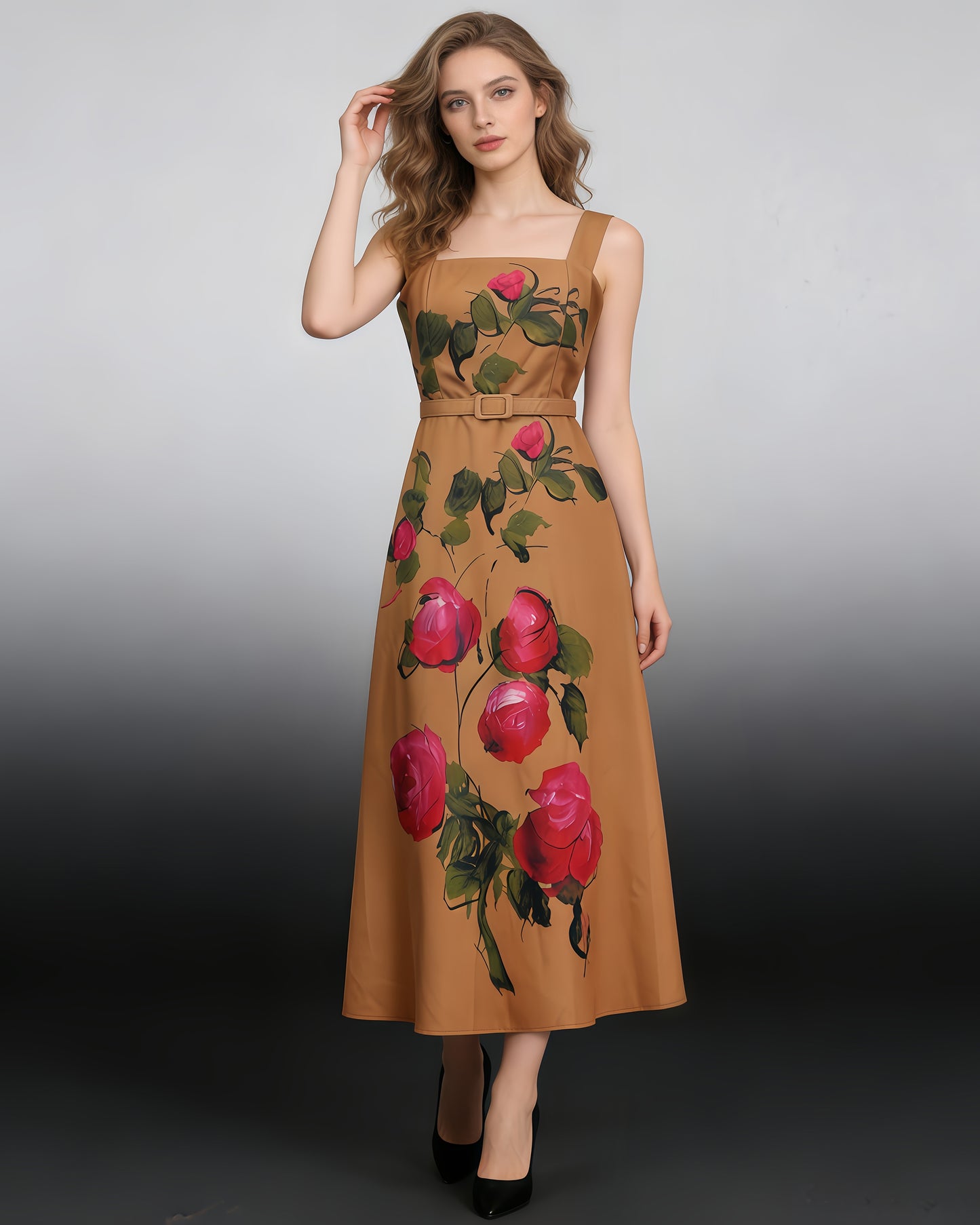 Khaki Print Square Collar Midi Dress