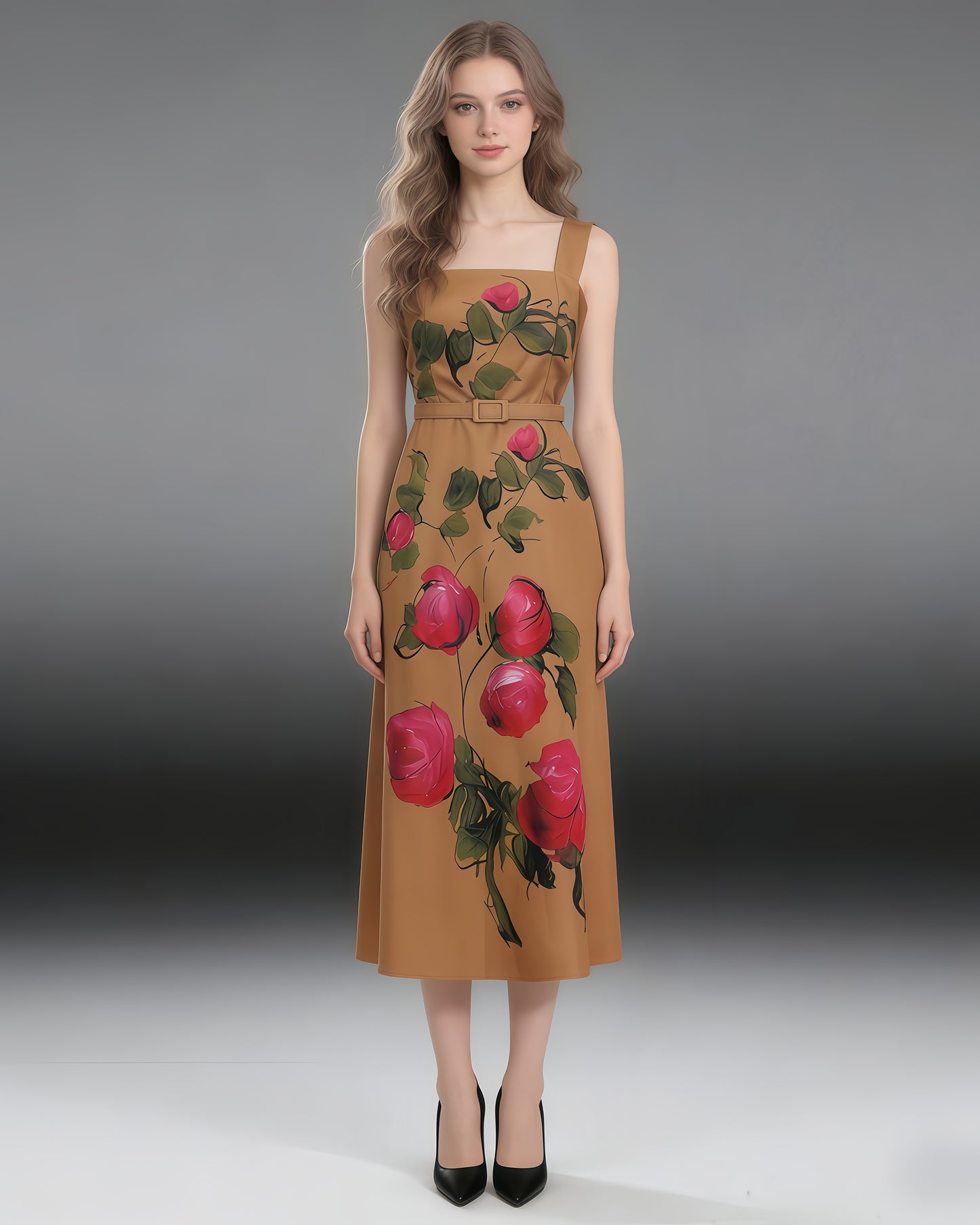 Khaki Print Square Collar Midi Dress