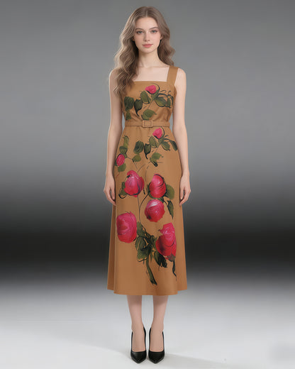 Khaki Print Square Collar Midi Dress