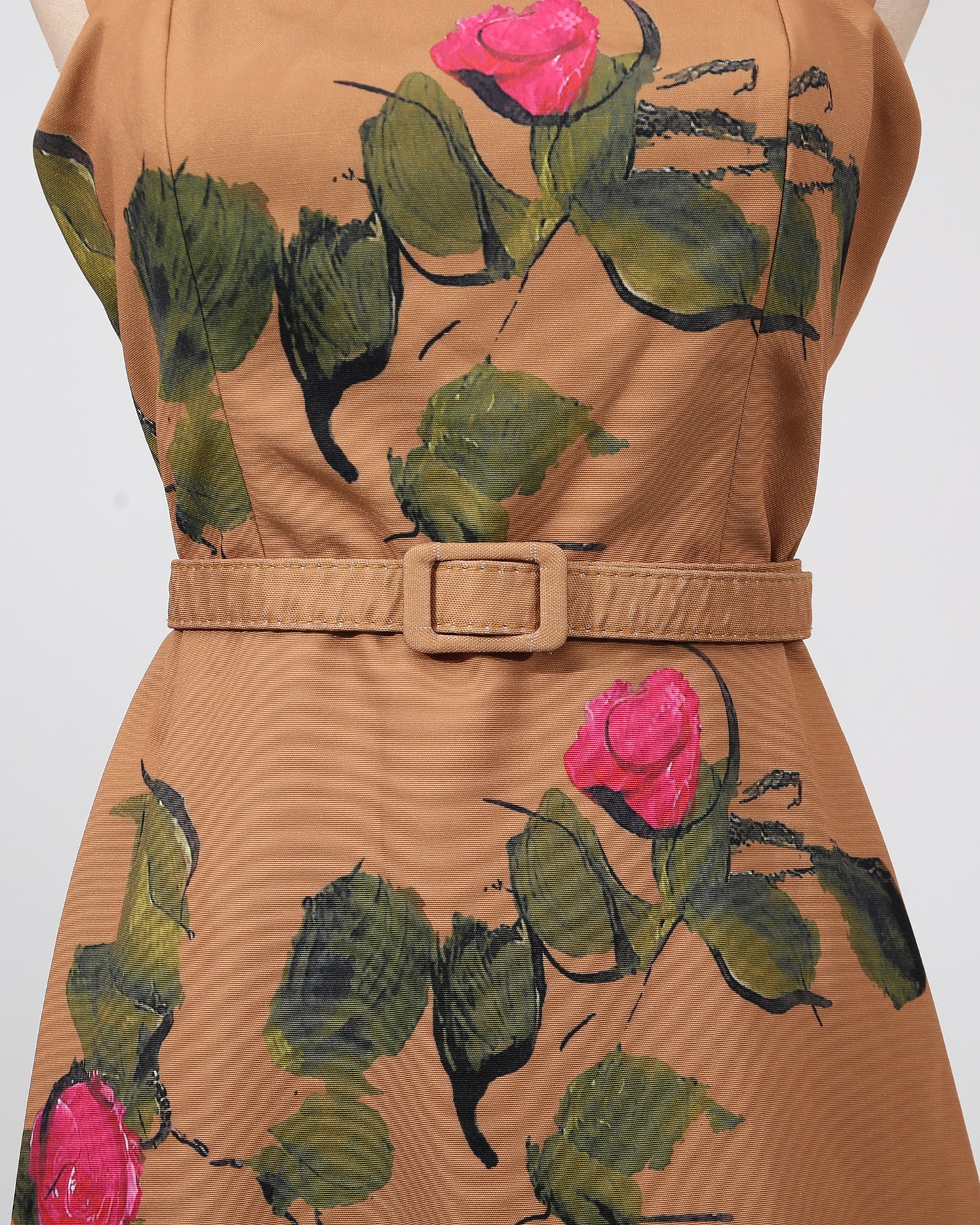 Khaki Print Square Collar Midi Dress