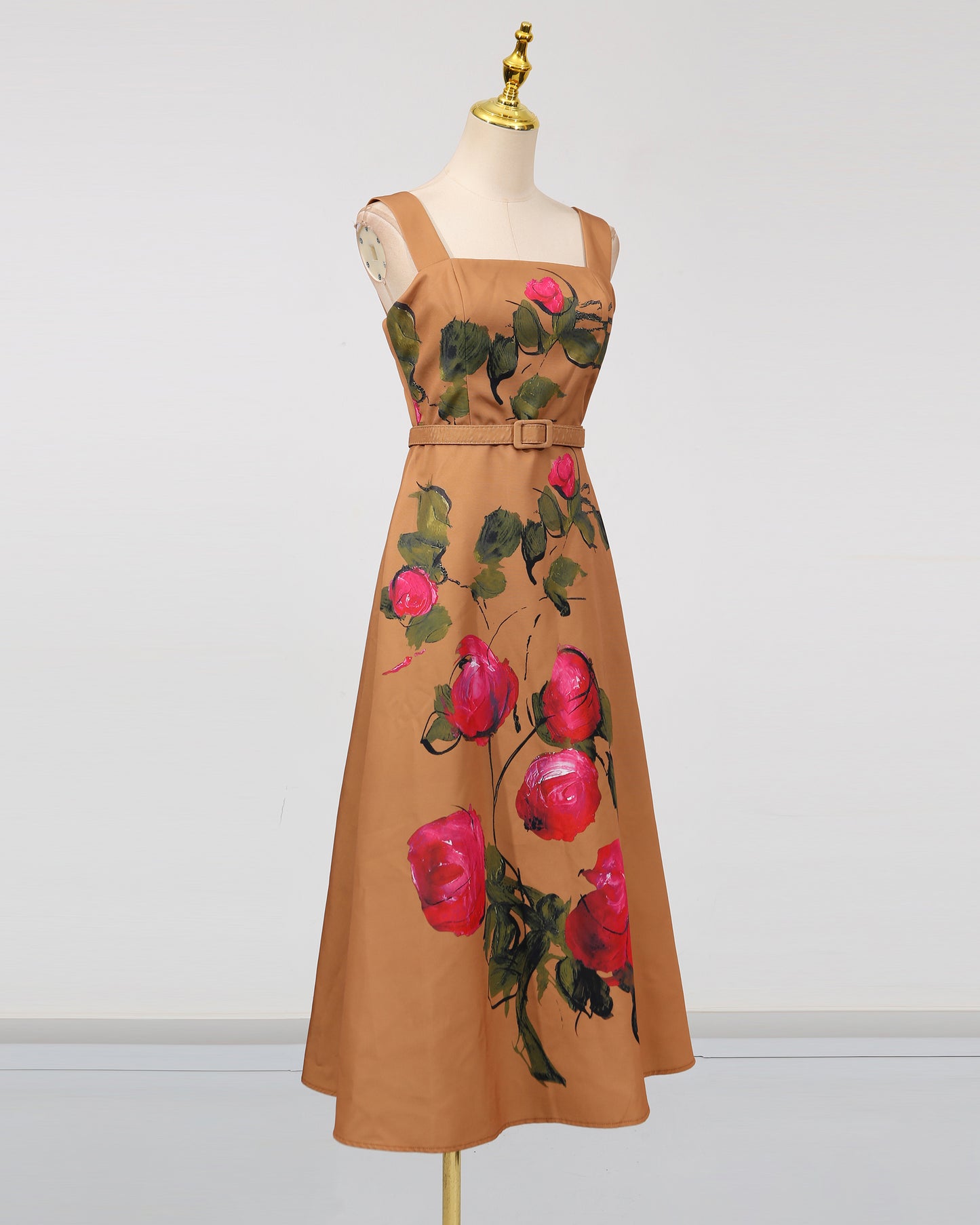 Khaki Print Square Collar Midi Dress