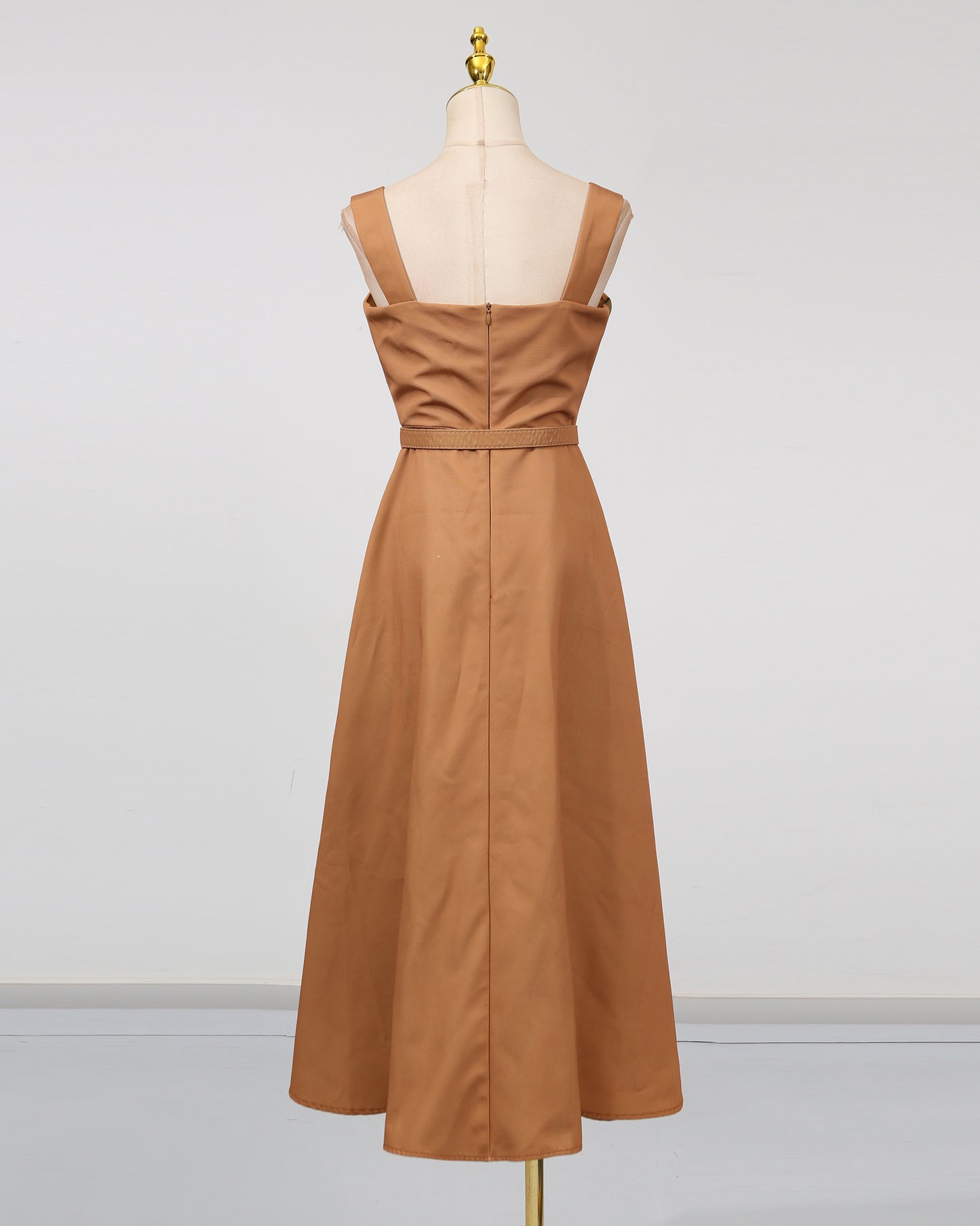 Khaki Print Square Collar Midi Dress