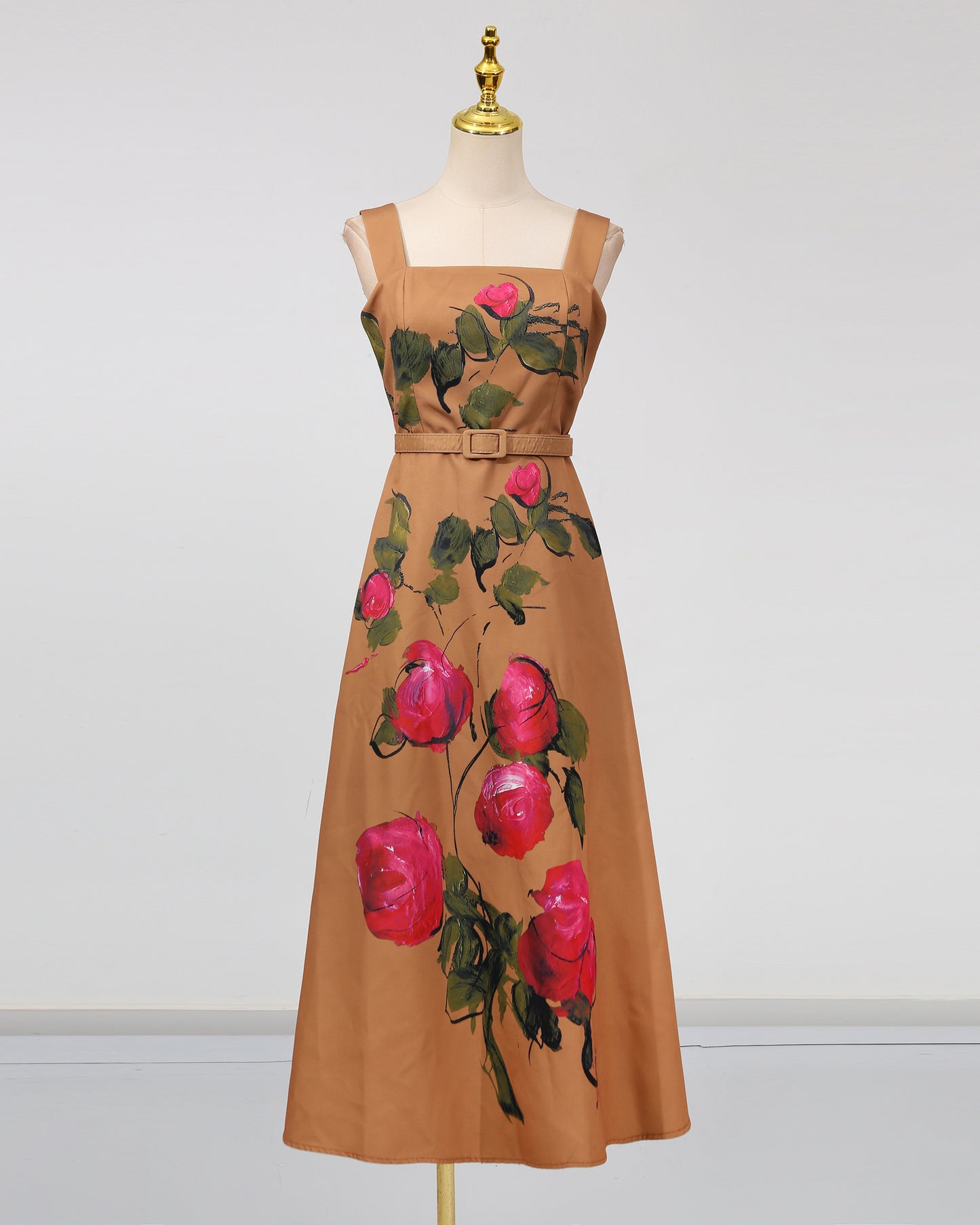 Khaki Print Square Collar Midi Dress