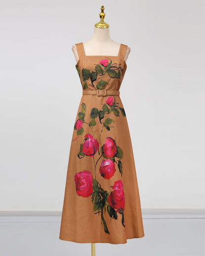 Khaki Print Square Collar Midi Dress