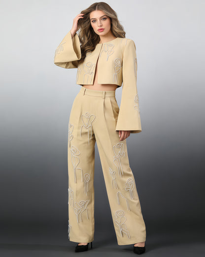 Khaki Rhinestone Rose Embroidery Set