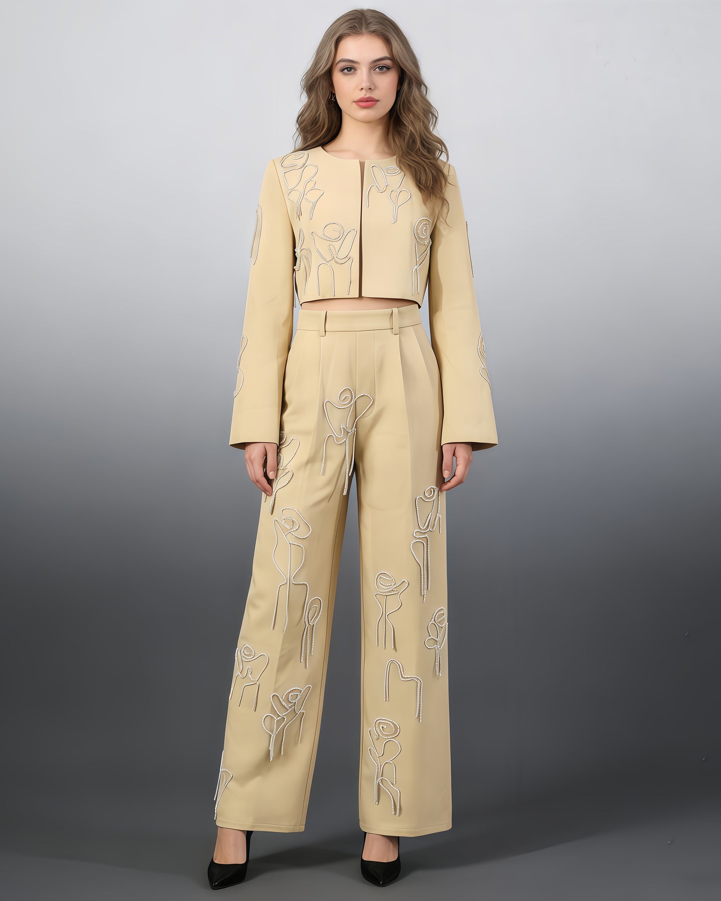 Khaki Rhinestone Rose Embroidery Set