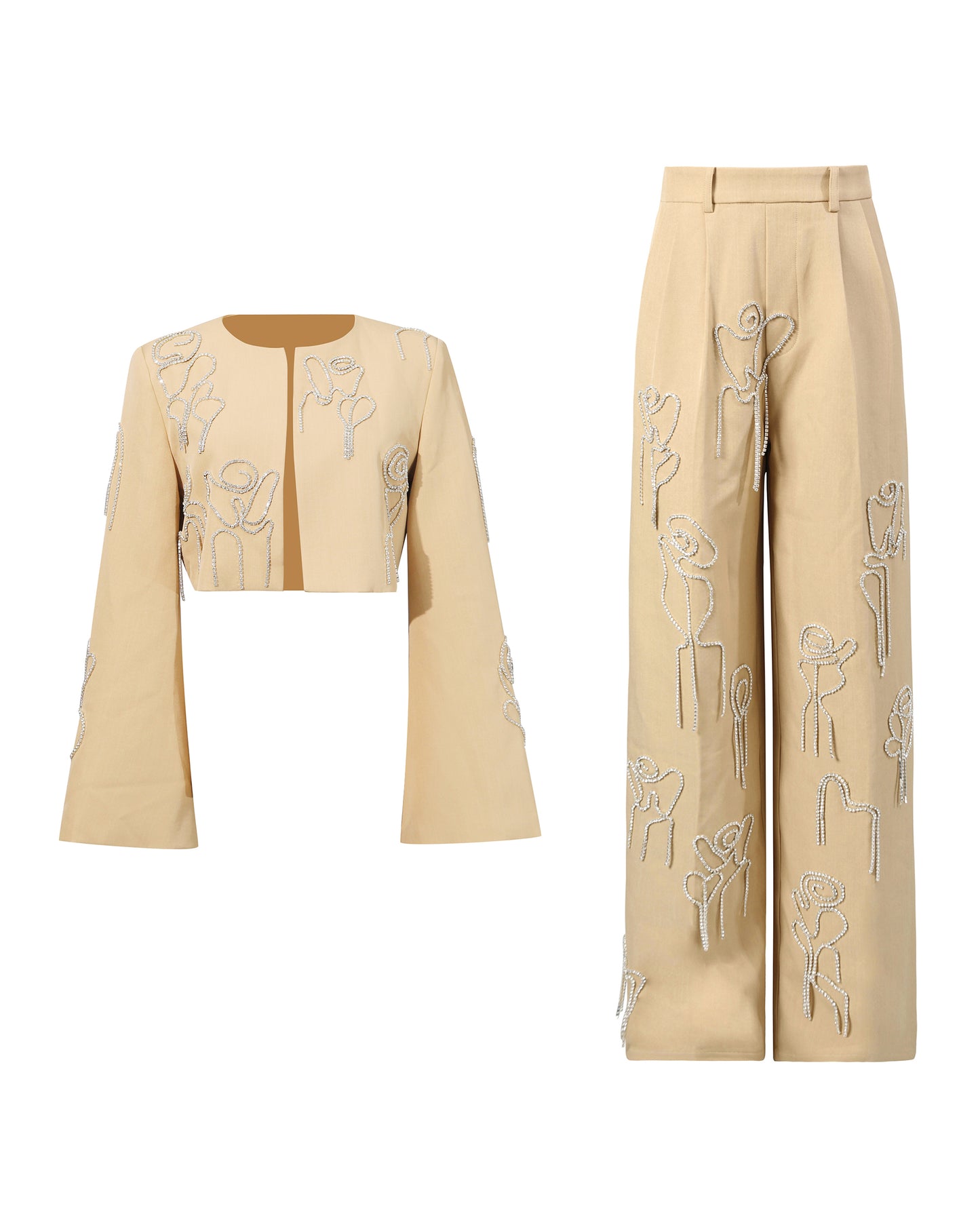 Khaki Rhinestone Rose Embroidery Set