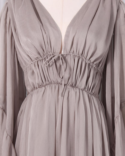 Khaki Ruffle Tiered Chiffon Midi Dress