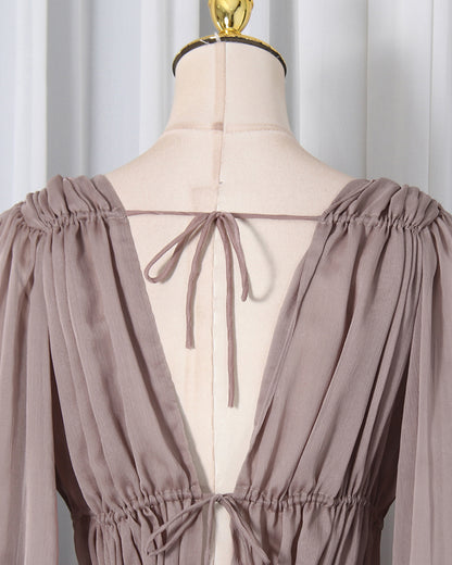 Khaki Ruffle Tiered Chiffon Midi Dress
