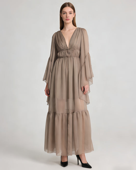 Khaki Ruffle Tiered Chiffon Midi Dress