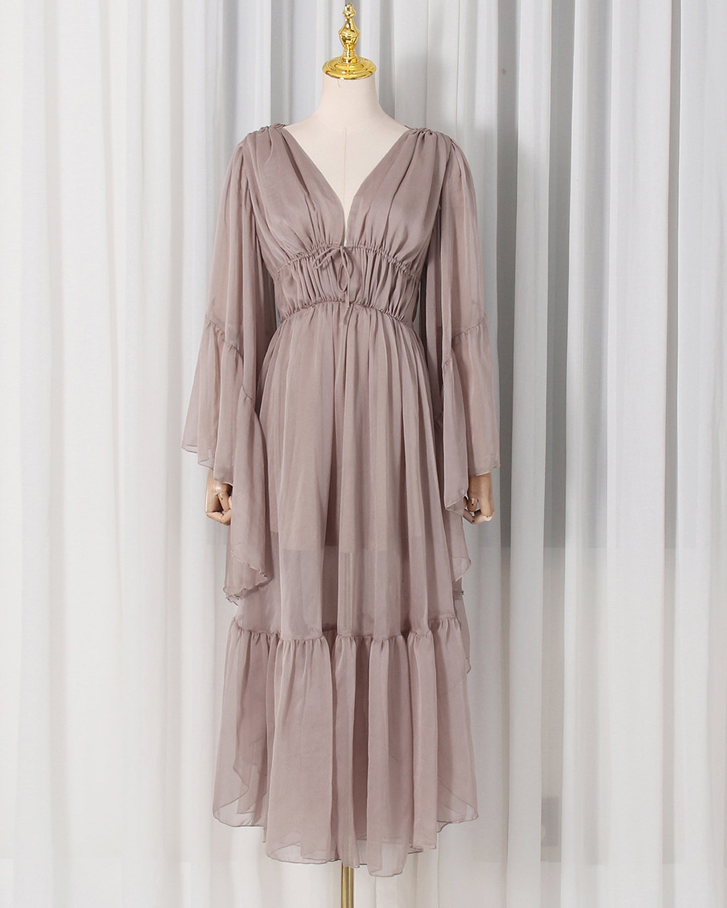 Khaki Ruffle Tiered Chiffon Midi Dress