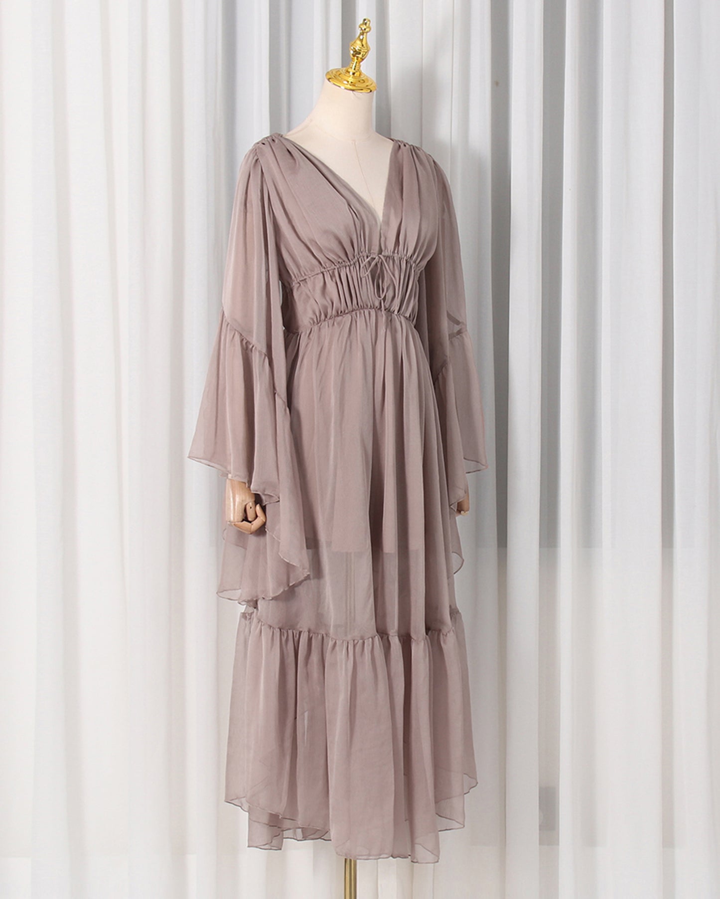 Khaki Ruffle Tiered Chiffon Midi Dress