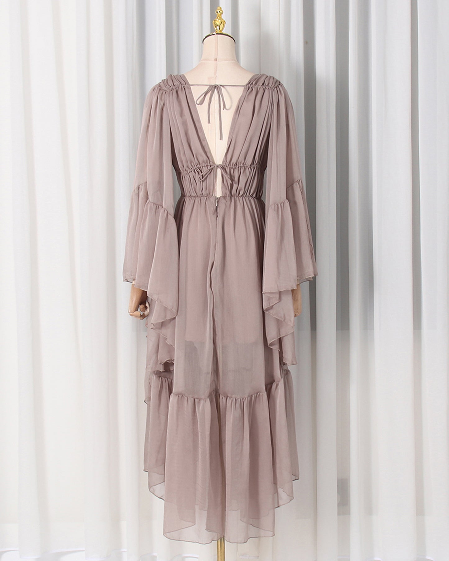 Khaki Ruffle Tiered Chiffon Midi Dress