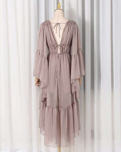 Khaki Ruffle Tiered Chiffon Midi Dress