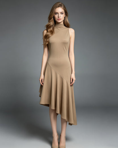 Khaki Sleeveless Asymmetric Flounce Midi Dress