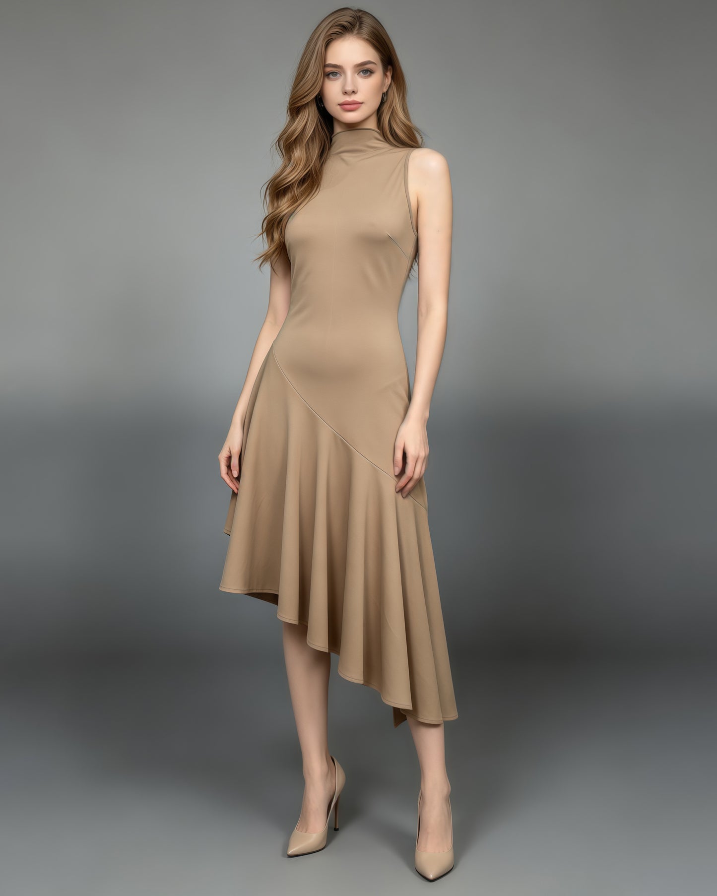 Khaki Sleeveless Asymmetric Flounce Midi Dress
