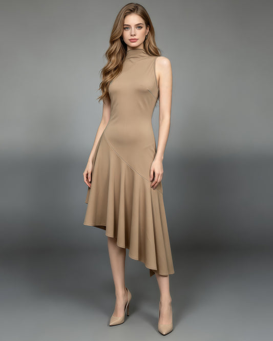 Khaki Sleeveless Asymmetric Flounce Midi Dress